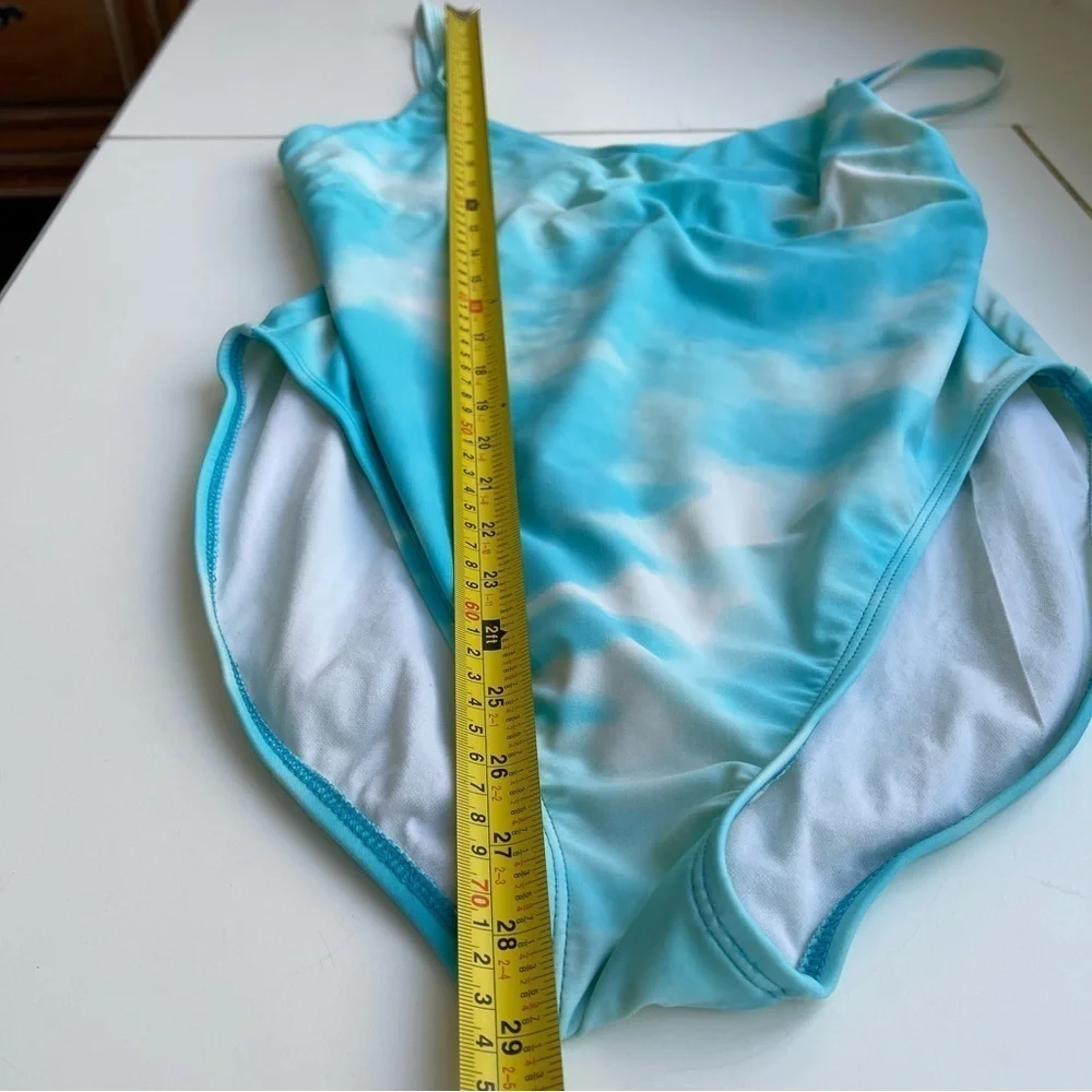 Anne Klein One Piece Swimsuit Sarong Set Sky Blue Tie Dye Aqua Turquoise 14